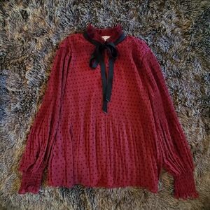 Max Studio Red Bell Sleeve Blouse with Ruffled Tie Front